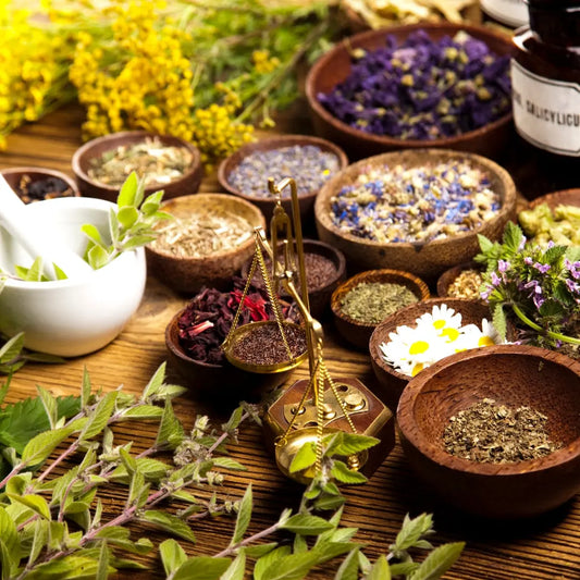 Ayurvedic herbs laying on table